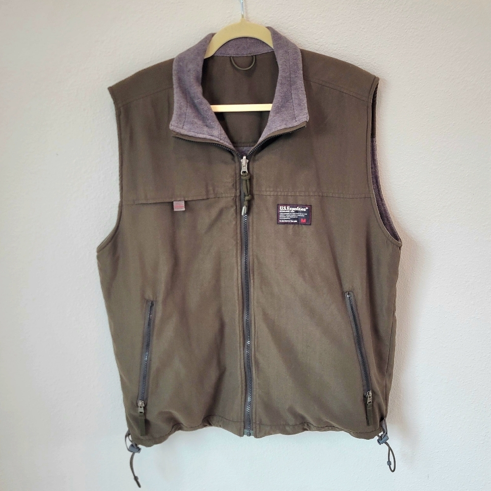 US Expedition Women's M Reversible Fleece Vest Green Gray Outdoor